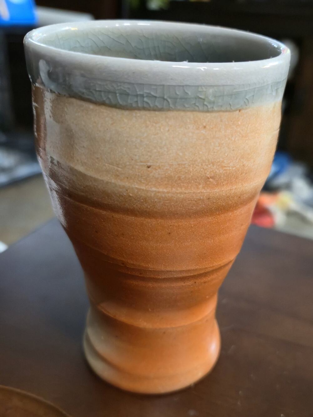 Handmade Studio Pottery Tumbler Cup JOY Wood Fired Style, Celadon Crackle Glaze